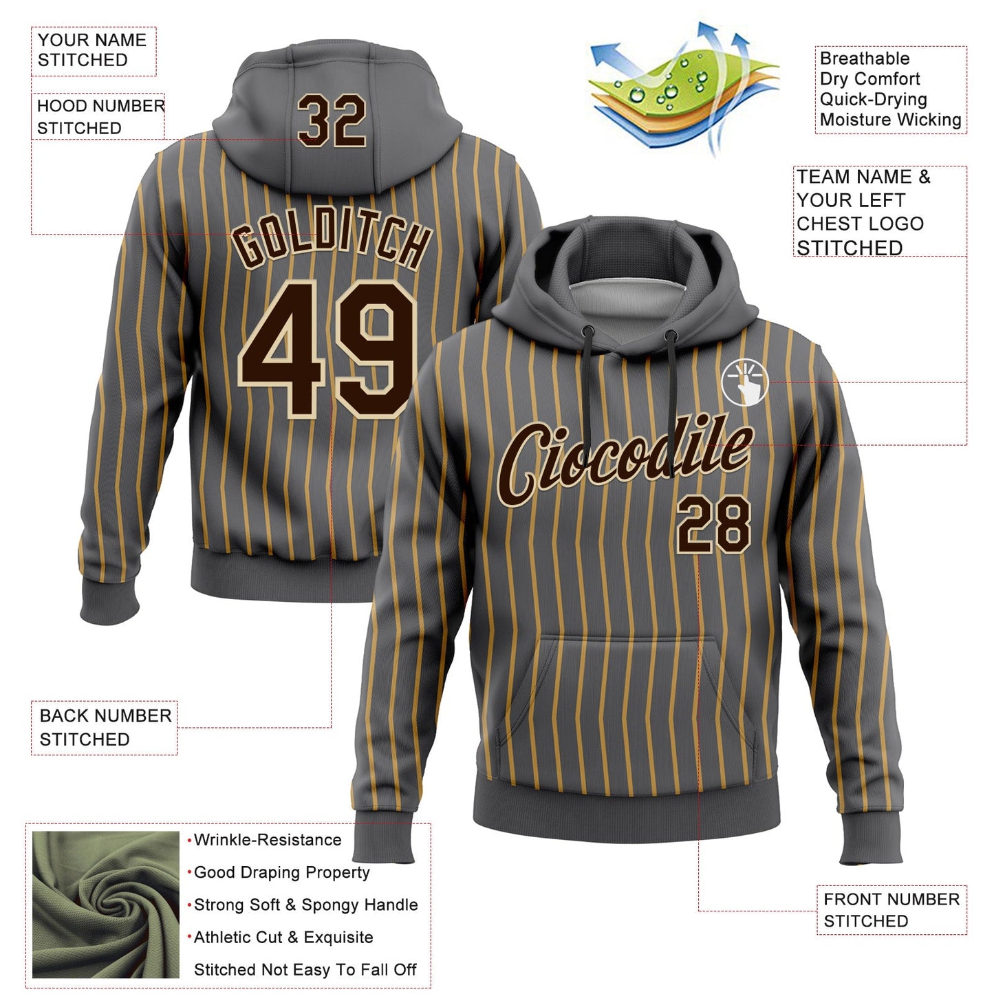 Custom Stitched Steel Gray Old Gold Pinstripe Brown-Cream 3D Pattern Design Line Sports Pullover Sweatshirt Hoodie
