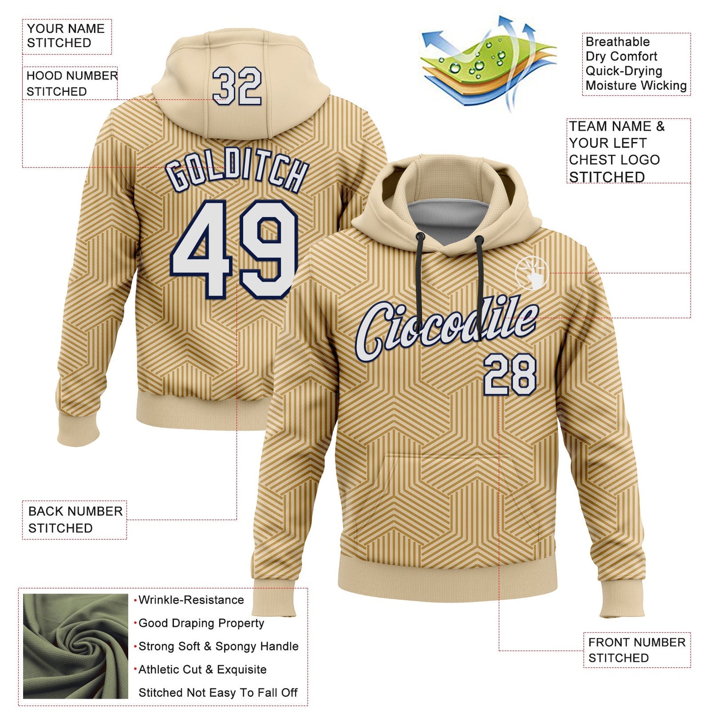 Custom Stitched City Cream White Old Gold-Navy 3D Pattern Design Line Geometric Shape Sports Pullover Sweatshirt Hoodie