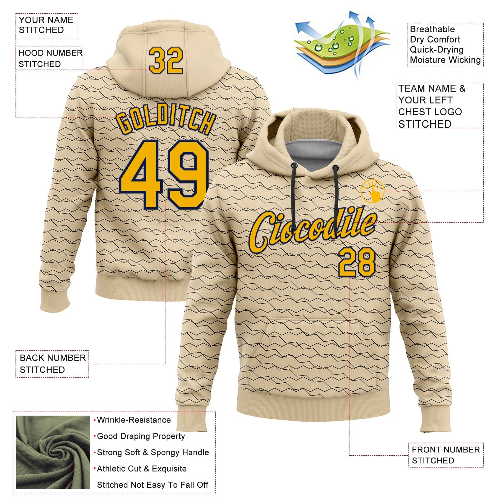 Custom Stitched City Cream Gold-Navy 3D Pattern Design Line Geometric Shape Sports Pullover Sweatshirt Hoodie
