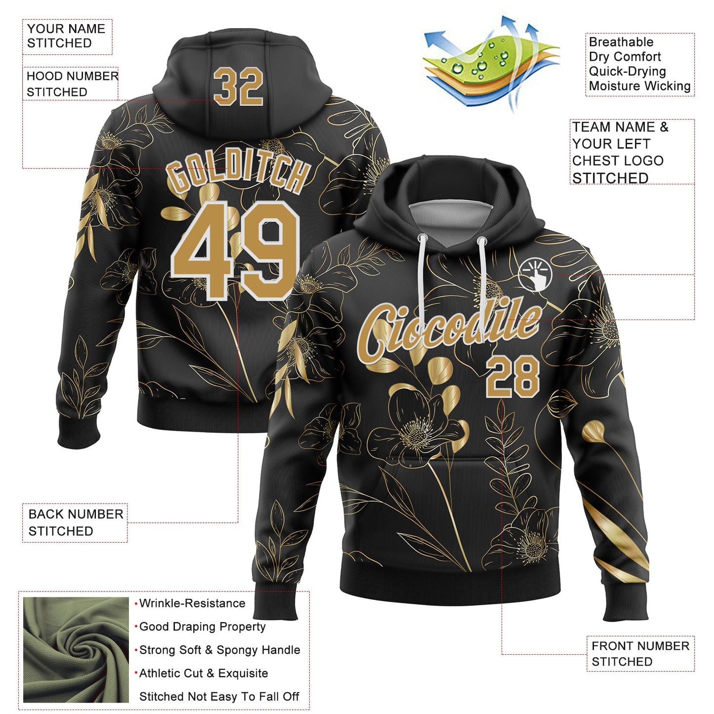 Custom Stitched Black Old Gold-White 3D Pattern Design Golden Subtle Floral Sports Pullover Sweatshirt Hoodie