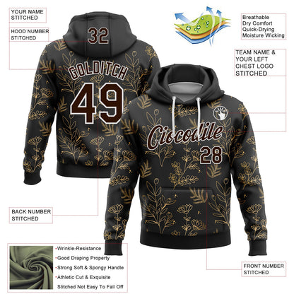 Custom Stitched Black Brown-White 3D Pattern Design Golden Subtle Floral Sports Pullover Sweatshirt Hoodie