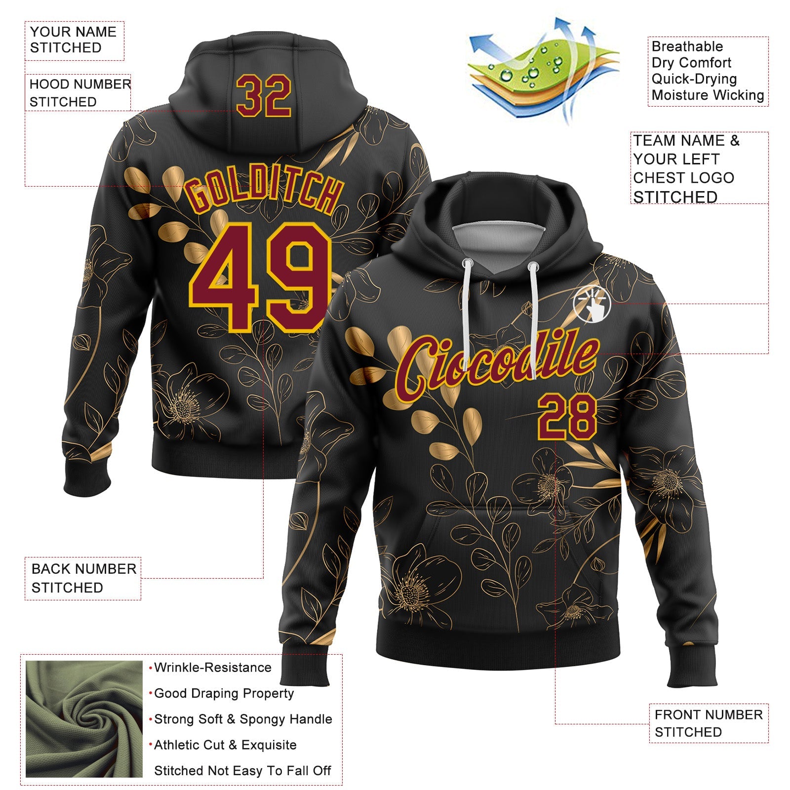 Custom Stitched Black Crimson-Yellow 3D Pattern Design Golden Subtle Floral Sports Pullover Sweatshirt Hoodie