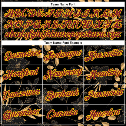 Custom Stitched Black Crimson-Yellow 3D Pattern Design Golden Subtle Floral Sports Pullover Sweatshirt Hoodie