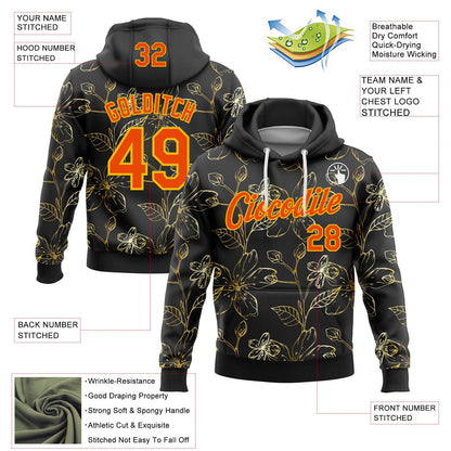 Custom Stitched Black Orange-Yellow 3D Pattern Design Golden Subtle Floral Sports Pullover Sweatshirt Hoodie