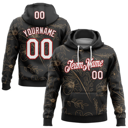 Custom Stitched Black White-Red 3D Pattern Design Golden Subtle Floral Sports Pullover Sweatshirt Hoodie