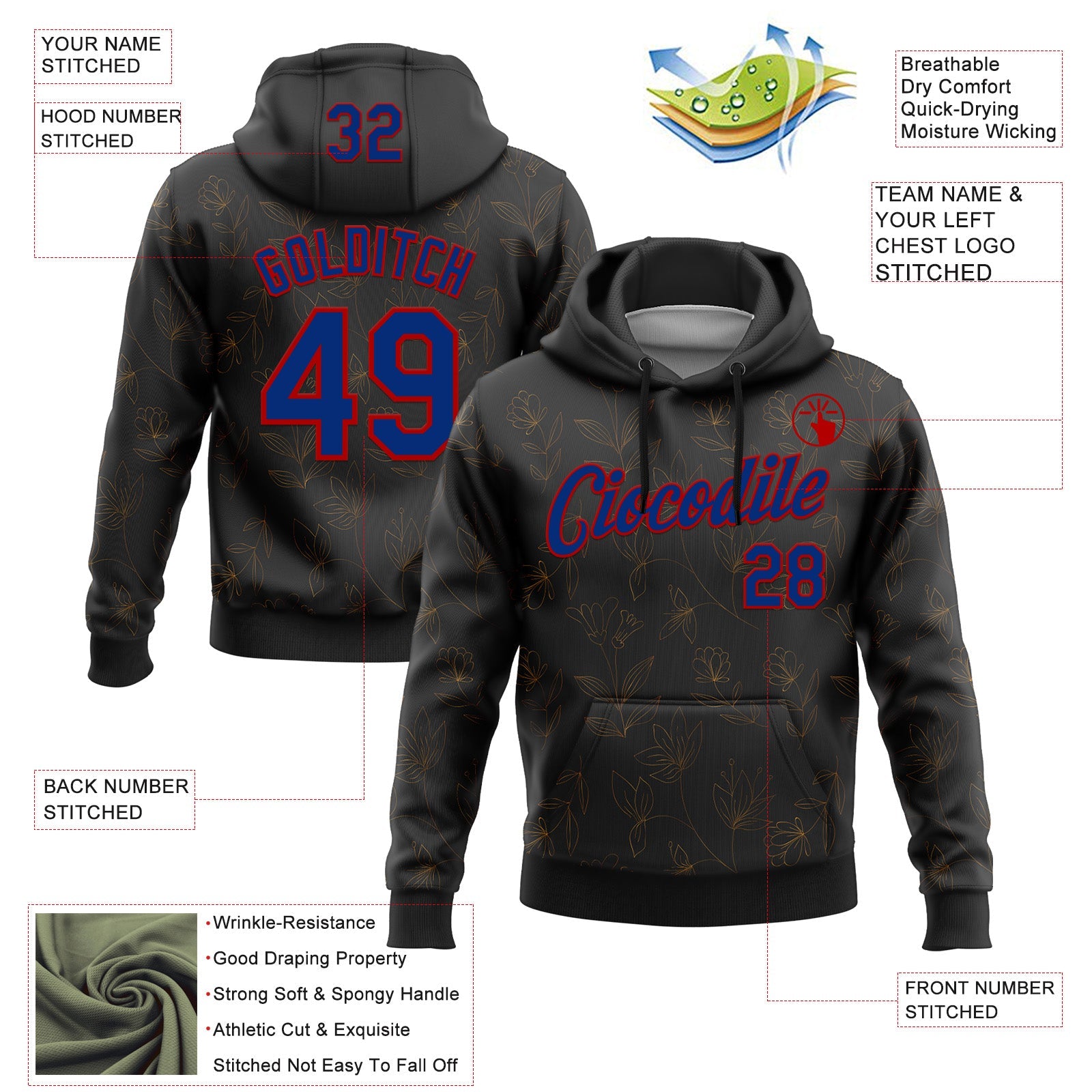 Custom Stitched Black Royal-Red 3D Pattern Design Golden Subtle Floral Sports Pullover Sweatshirt Hoodie