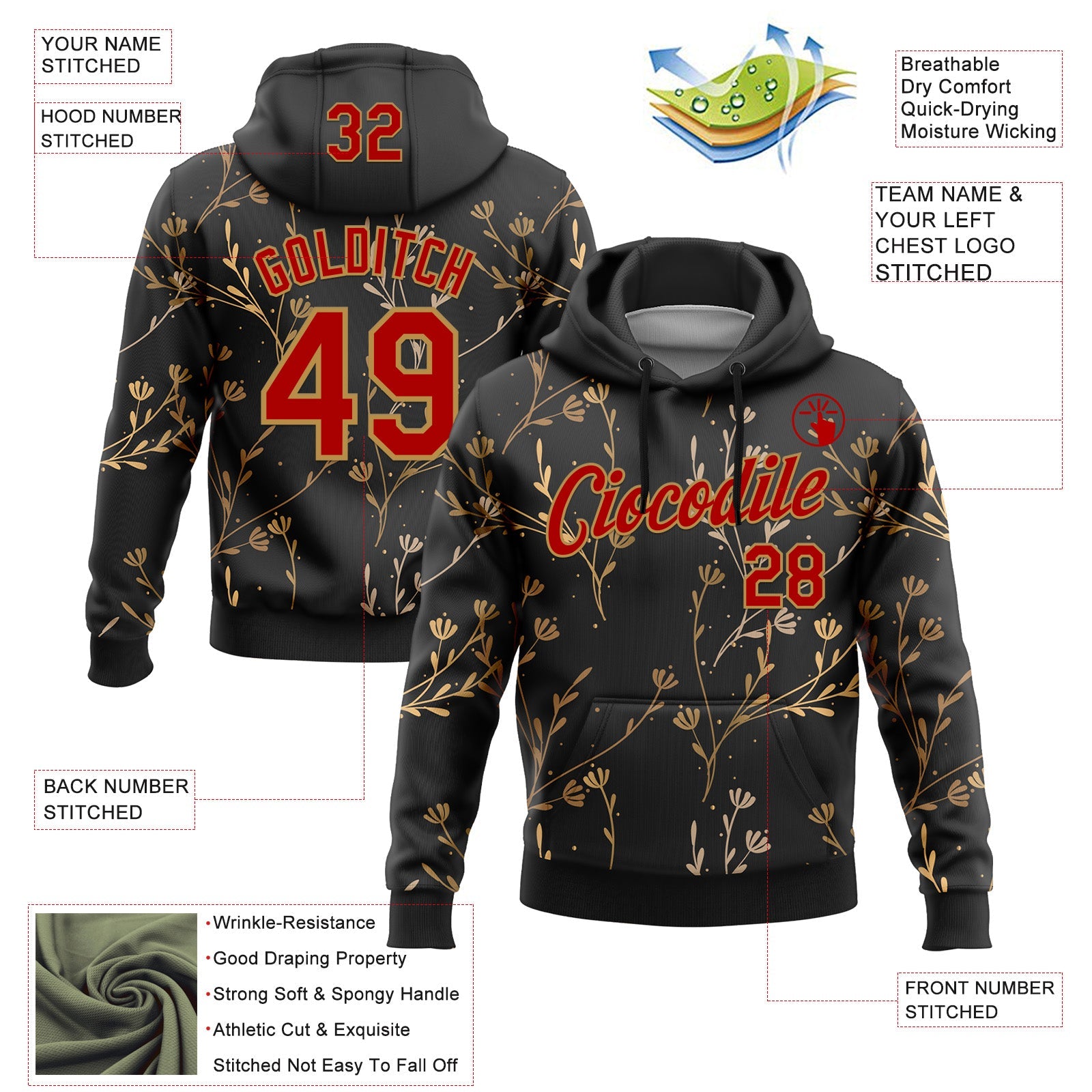 Custom Stitched Black Red-Old Gold 3D Pattern Design Golden Subtle Floral Sports Pullover Sweatshirt Hoodie
