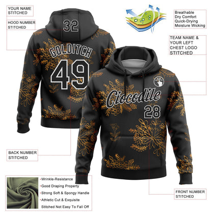 Custom Stitched Black White 3D Pattern Design Golden Subtle Floral Sports Pullover Sweatshirt Hoodie