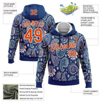 Custom Stitched US Navy Blue Orange-White 3D Pattern Design Ethnic Paisley Floral Bandana Sports Pullover Sweatshirt Hoodie