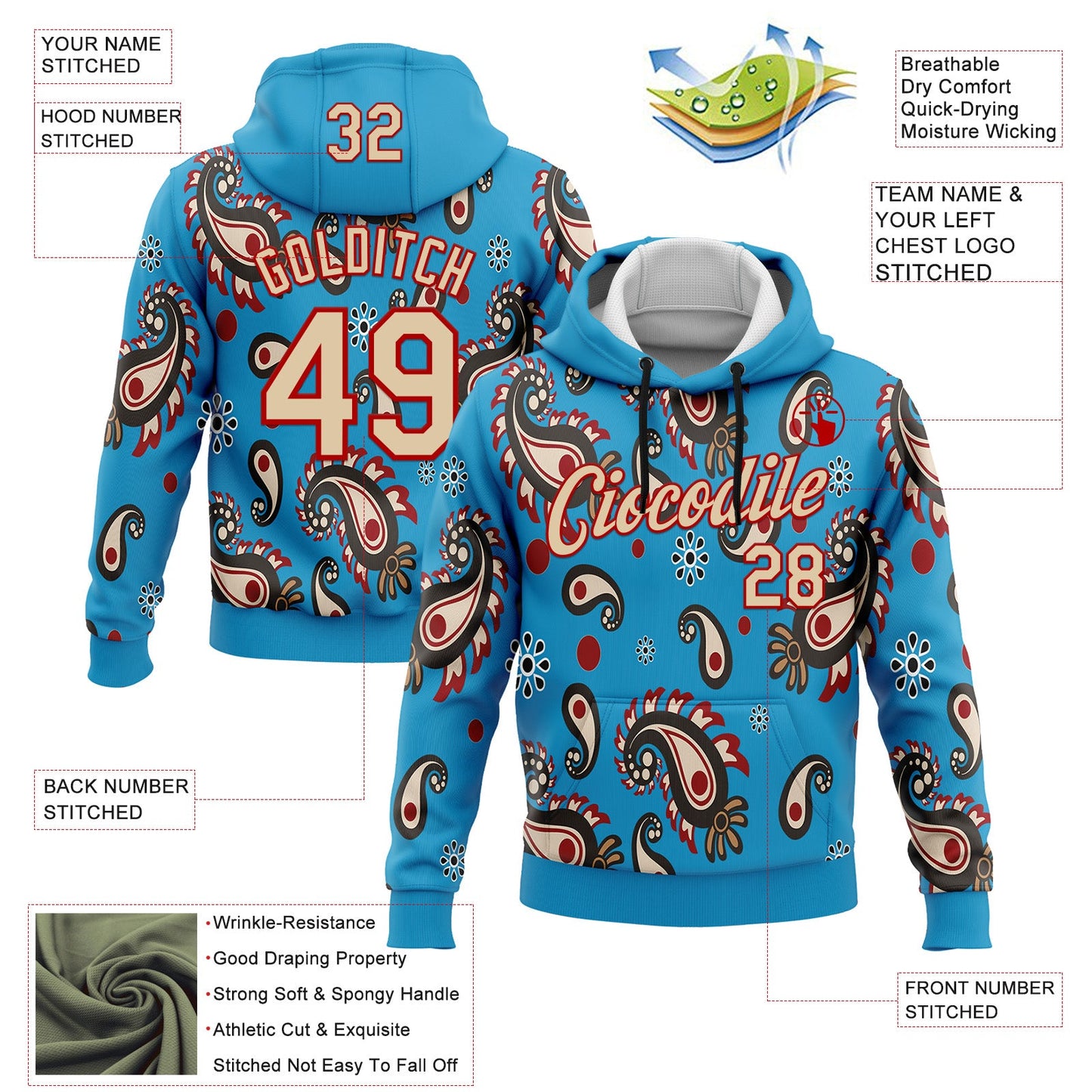 Custom Stitched Panther Blue City Cream-Red 3D Pattern Design Ethnic Paisley Floral Bandana Sports Pullover Sweatshirt Hoodie