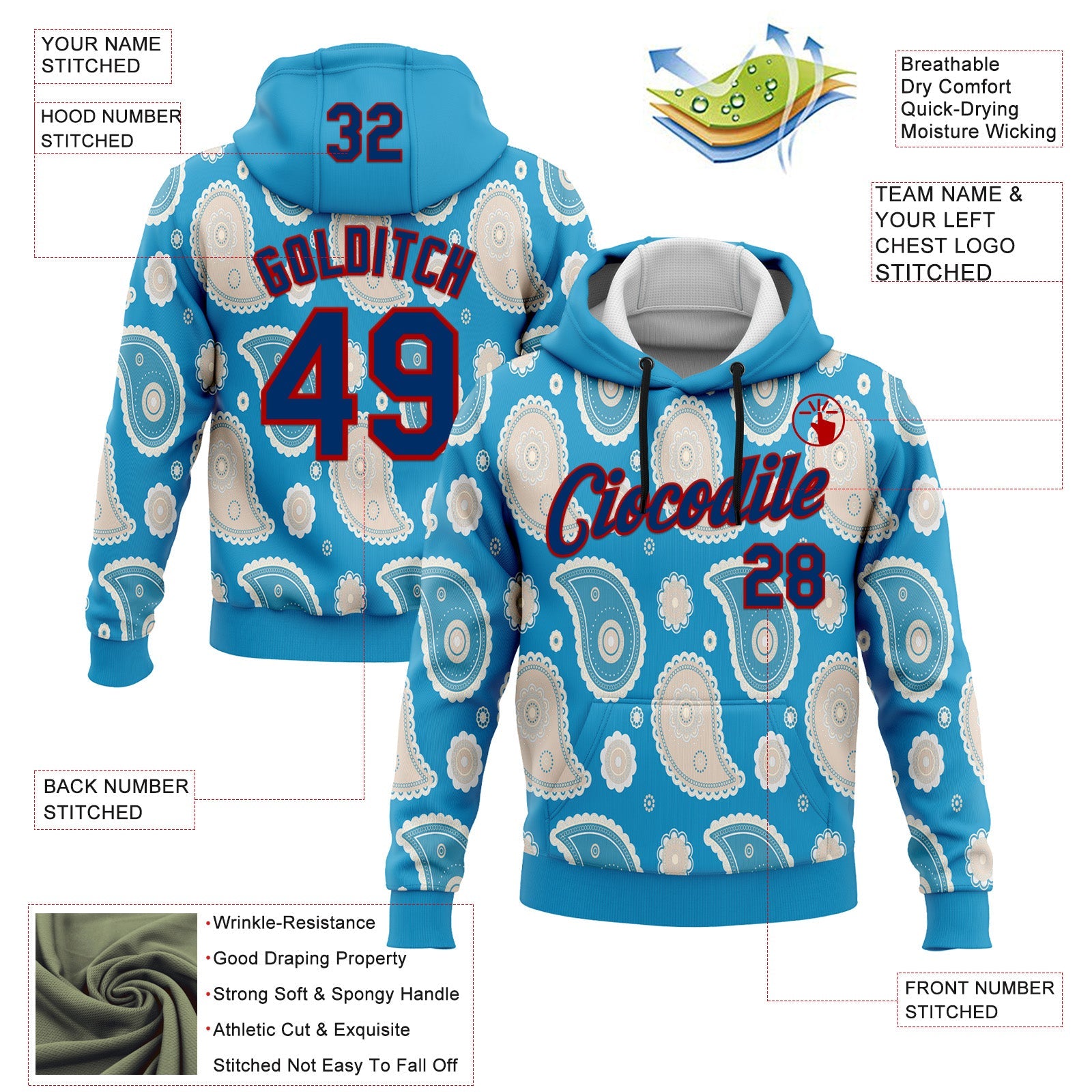 Custom Stitched Panther Blue US Navy Blue-Red 3D Pattern Design Ethnic Paisley Floral Bandana Sports Pullover Sweatshirt Hoodie