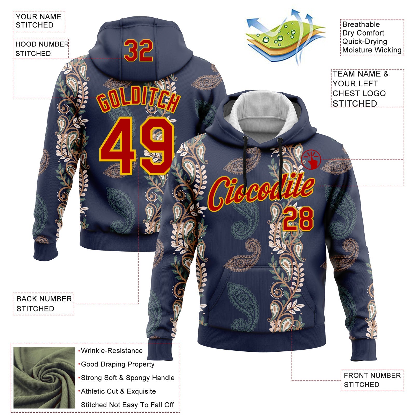 Custom Stitched Navy Red-Yellow 3D Pattern Design Ethnic Paisley Floral Bandana Sports Pullover Sweatshirt Hoodie