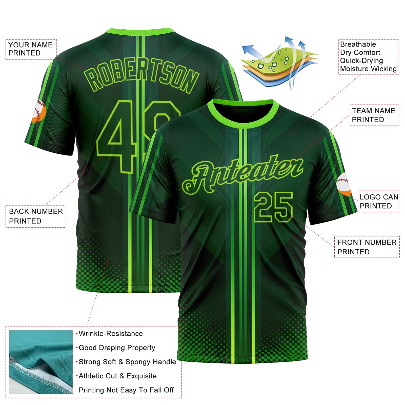 Custom Green Neon Green 3D Pattern Design Gradient Stripe Sportswear Performance T-Shirt