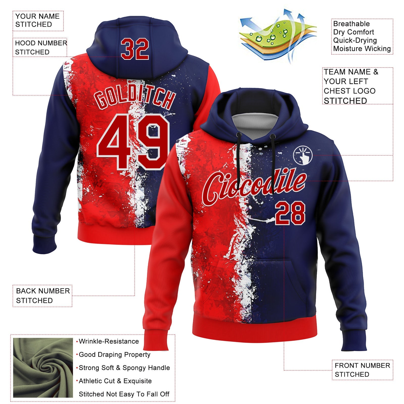 Custom Stitched Blue Red-White 3D Pattern Design American Inspired Graffiti Splash Sportswear Pullover Sweatshirt Hoodie