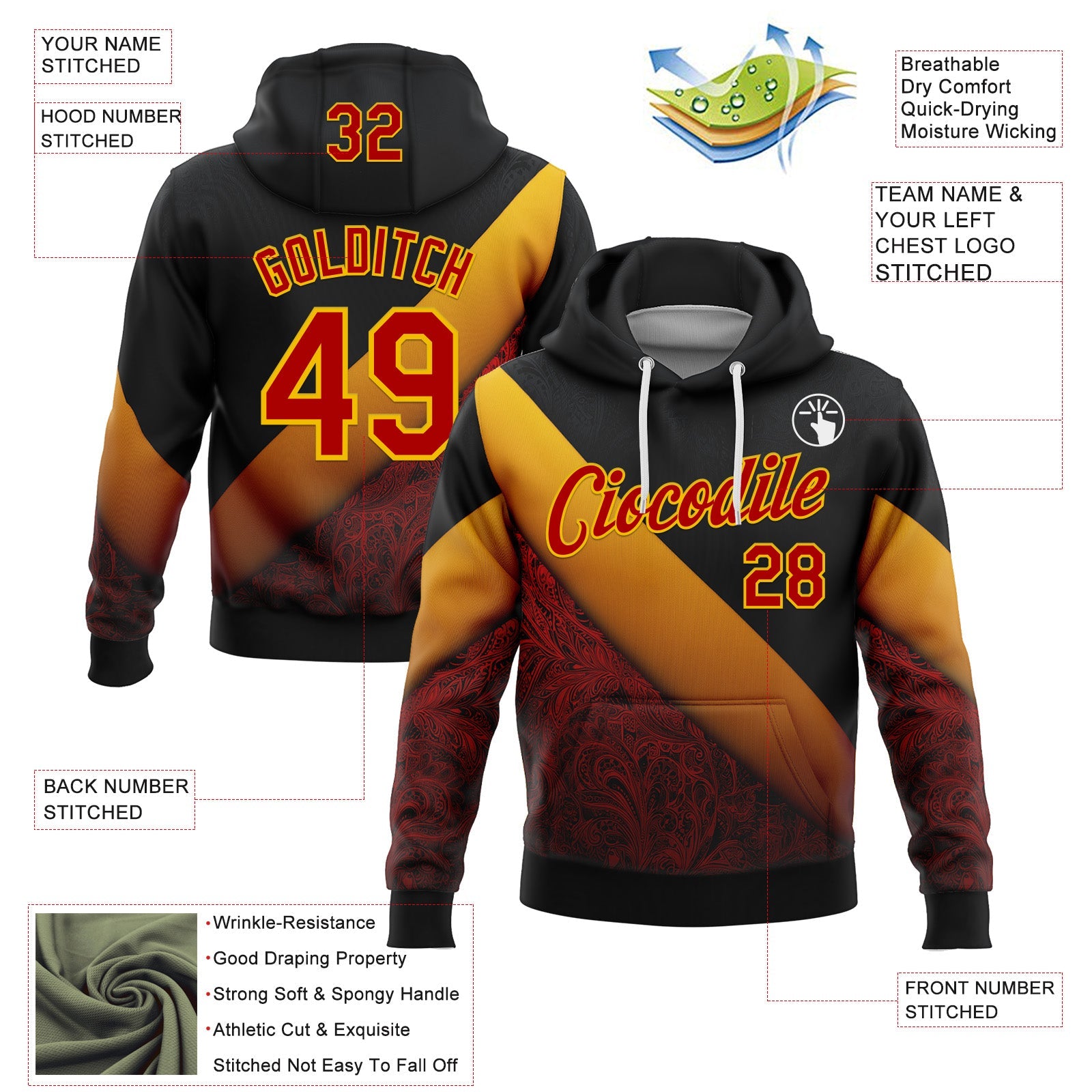 Custom Stitched Black Red-Yellow 3D Pattern Design Germany Inspired Geometric Tribal Sportswear Pullover Sweatshirt Hoodie