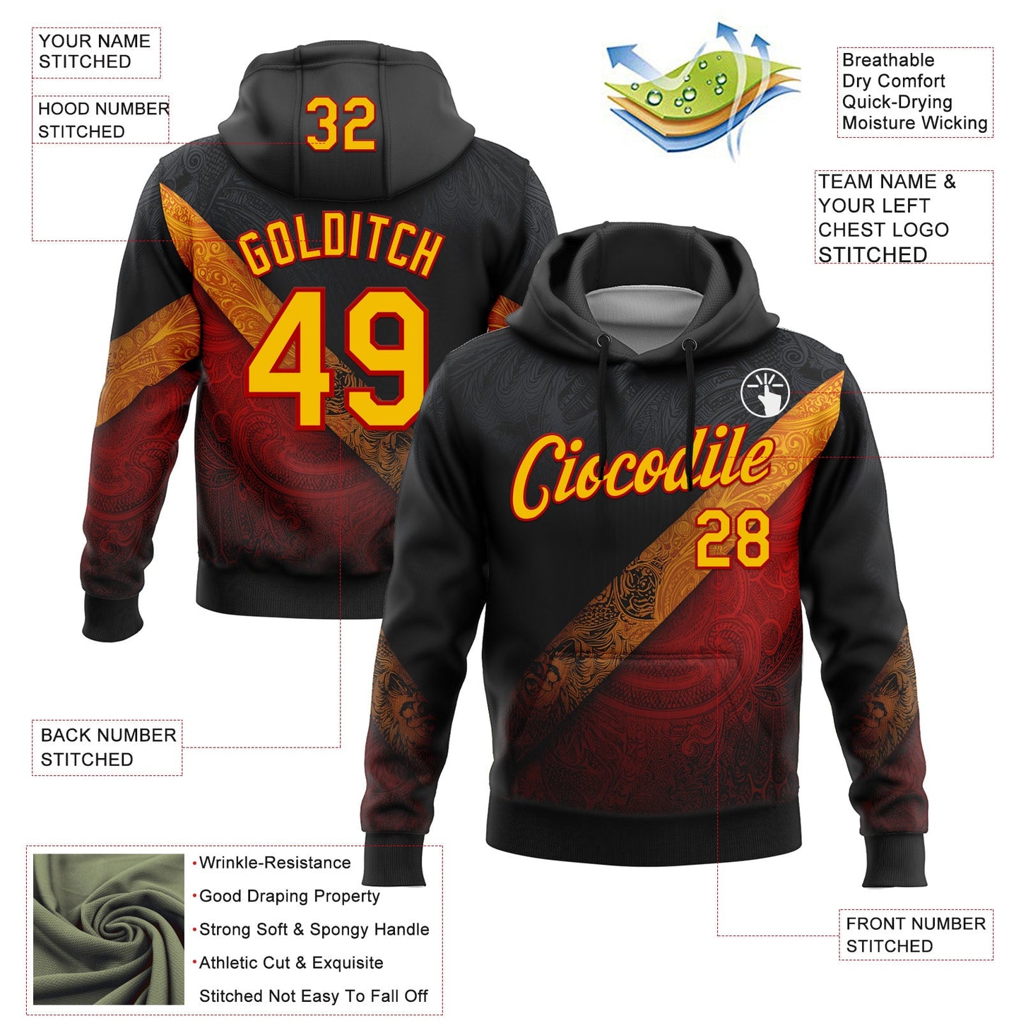 Custom Stitched Black Yellow-Red 3D Pattern Design Germany Inspired Tribal Sportswear Pullover Sweatshirt Hoodie
