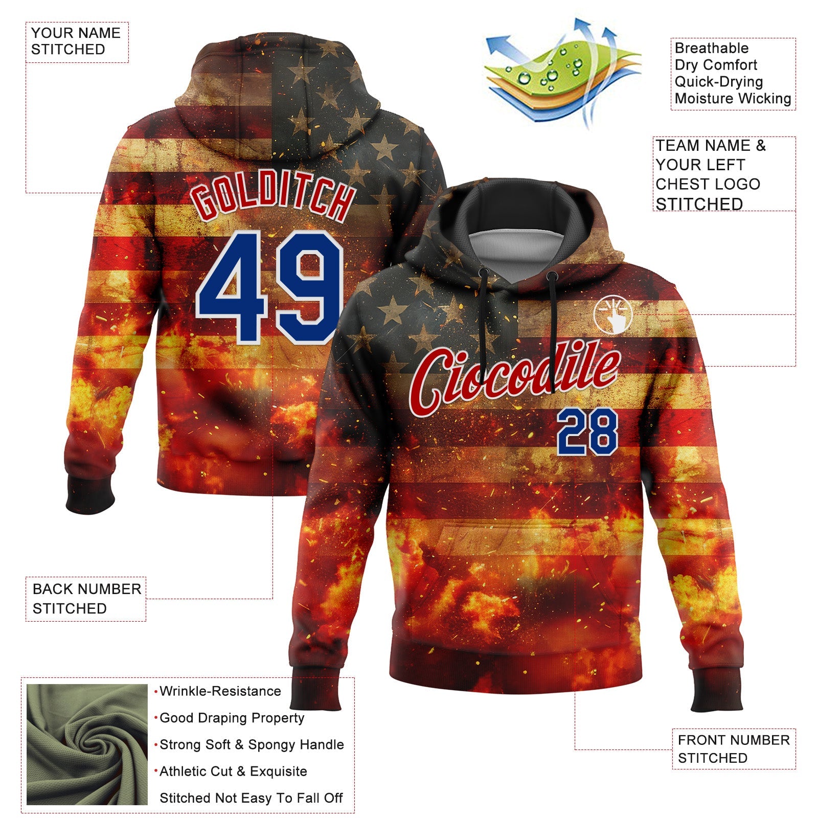 Custom Stitched Red Royal-White 3D American Flag Retro Distressed Flame Grunge Sports Pullover Sweatshirt Hoodie