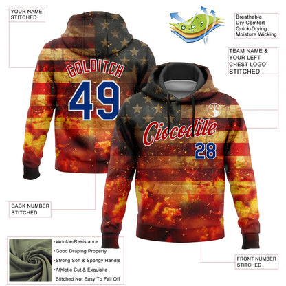 Custom Stitched Red Royal-White 3D American Flag Retro Distressed Flame Grunge Sports Pullover Sweatshirt Hoodie