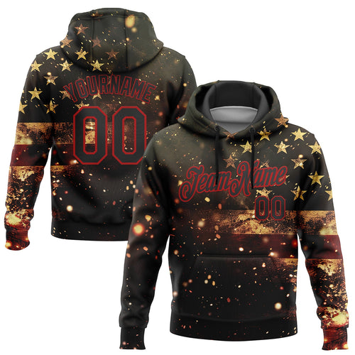 Custom Stitched Black Red 3D American Flag Retro Distressed Sparkle Grunge Sports Pullover Sweatshirt Hoodie