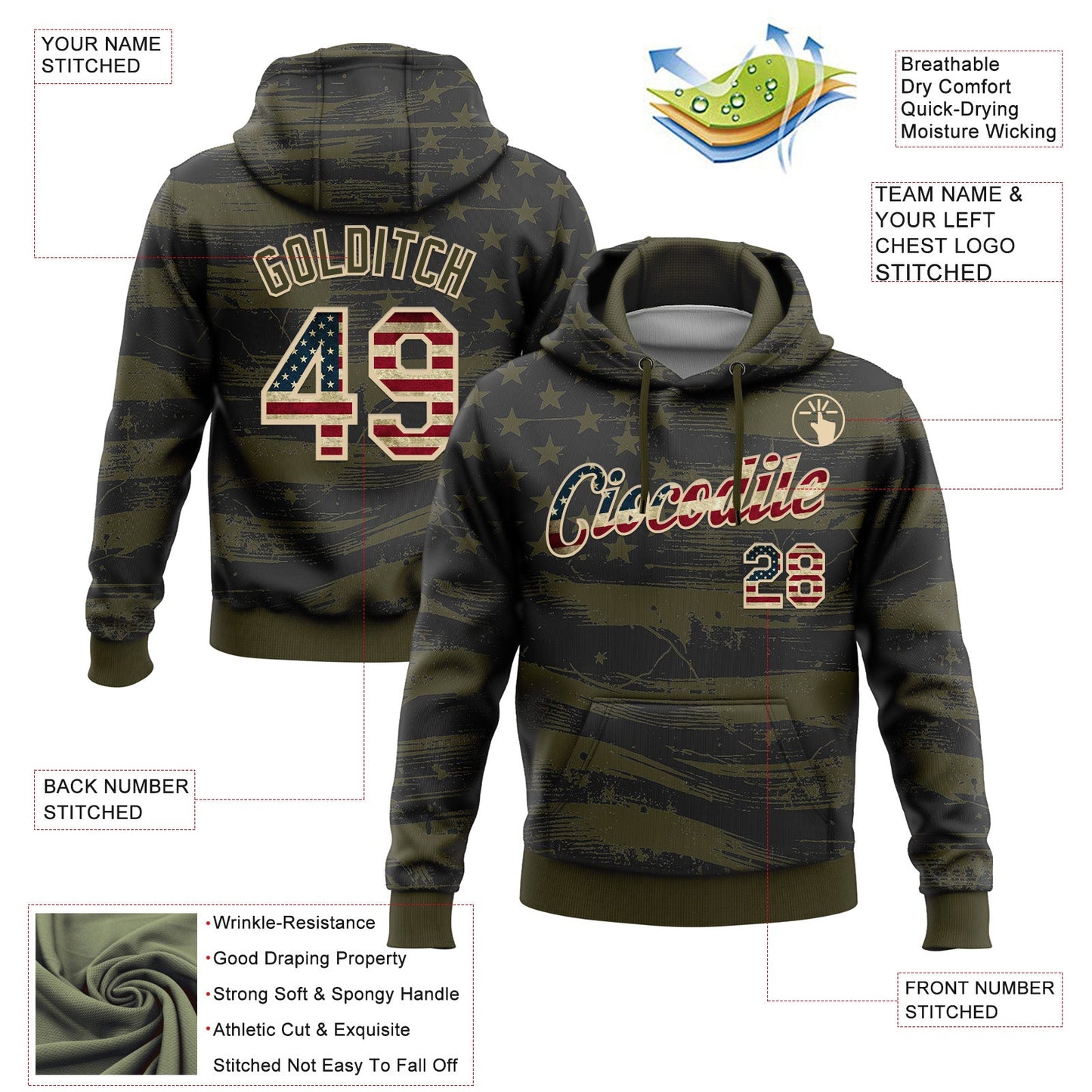 Custom Stitched Olive Vintage USA Flag-City Cream 3D American Flag Retro Distressed Grunge Salute To Service Sports Pullover Sweatshirt Hoodie