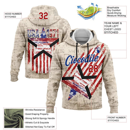 Custom Stitched Cream Red Royal-White 3D American Flag Retro Distressed Grunge Sports Pullover Sweatshirt Hoodie