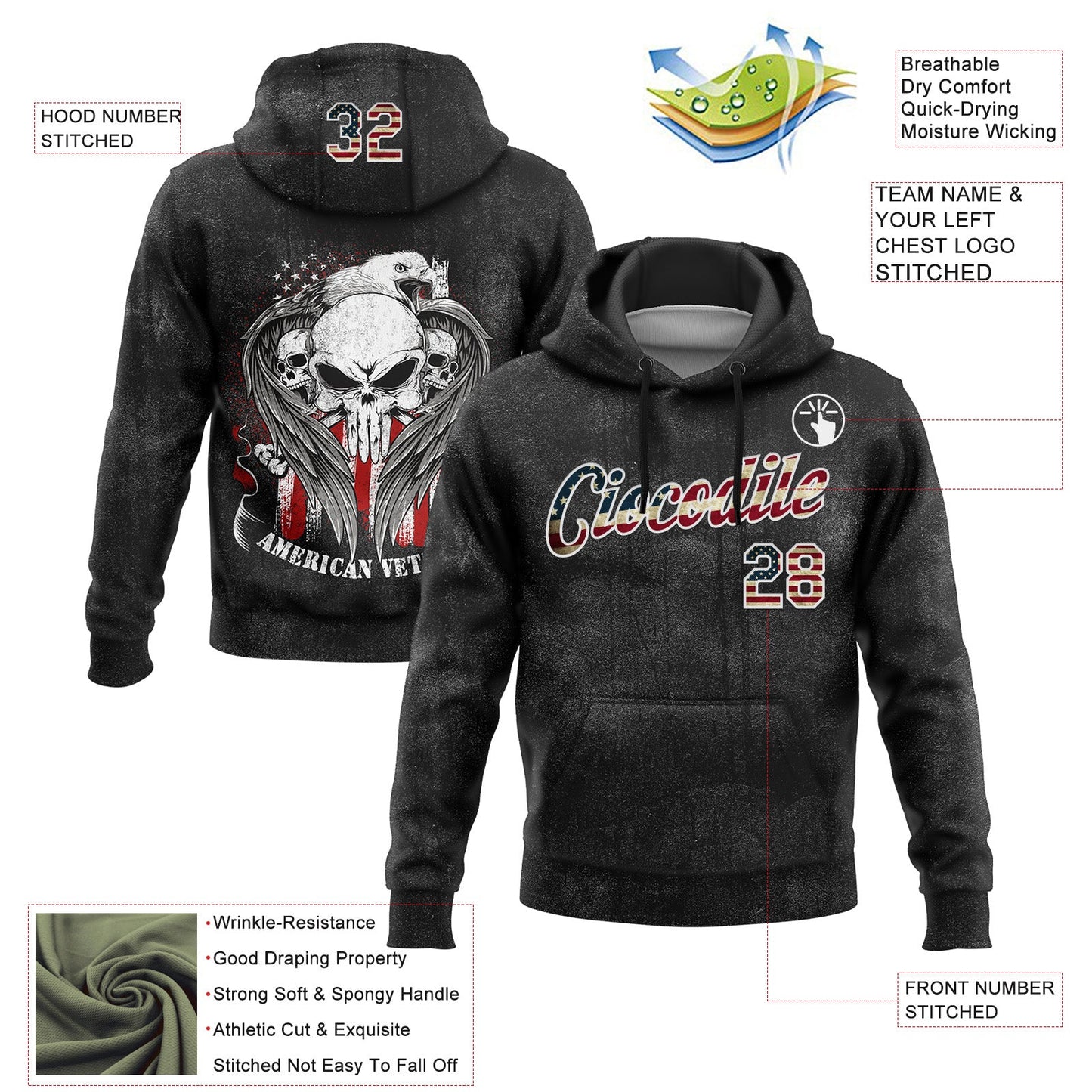 Custom Stitched Black Vintage USA Flag-White 3D American Flag Retro Distressed Veteran Skull Grunge Sports Pullover Sweatshirt Hoodie