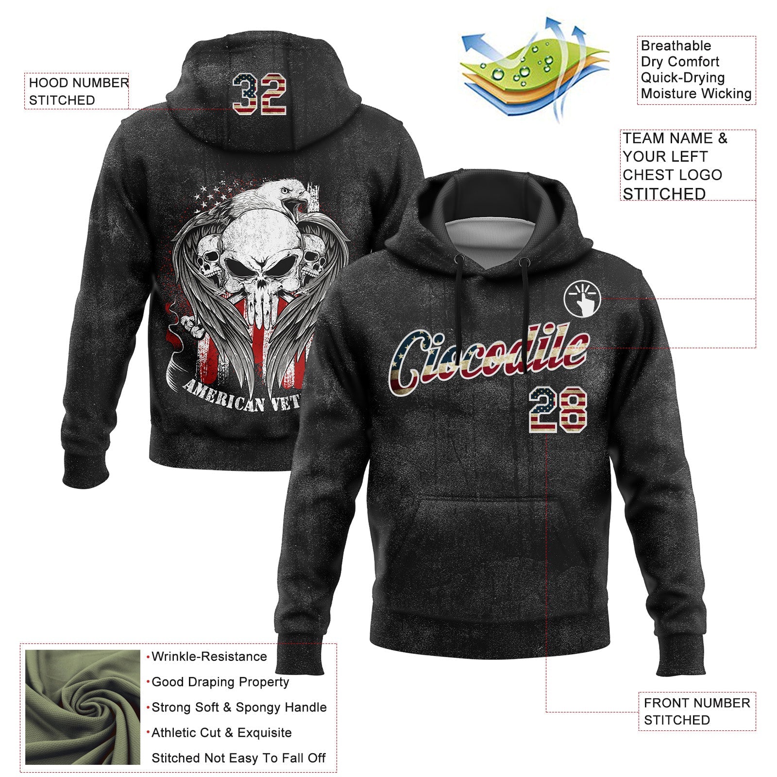 Custom Stitched Black Vintage USA Flag-White 3D American Flag Retro Distressed Veteran Skull Grunge Sports Pullover Sweatshirt Hoodie