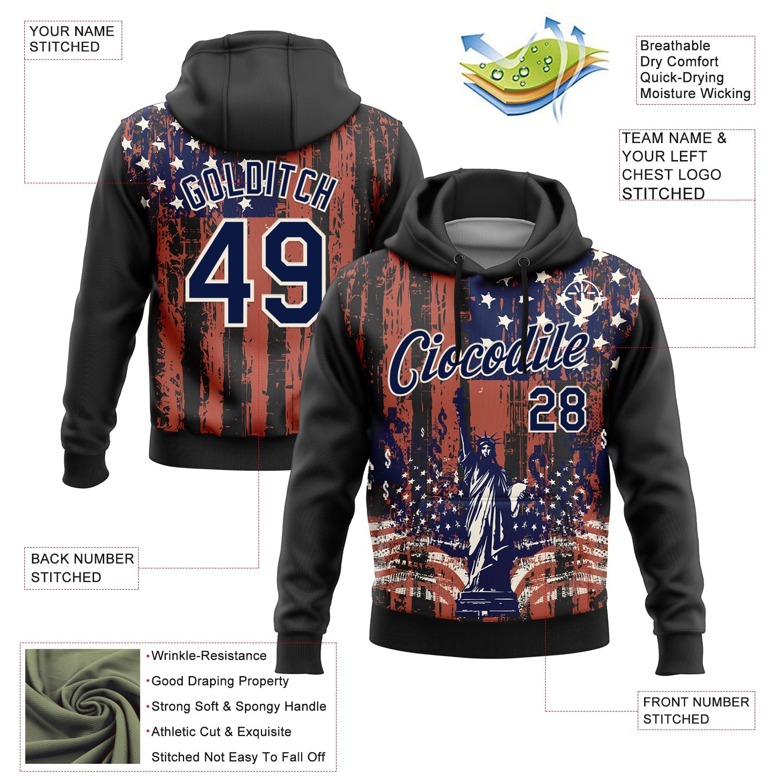 Custom Stitched Black Navy-Cream 3D American Flag Retro Distressed Statue of Liberty Grunge Sports Pullover Sweatshirt Hoodie