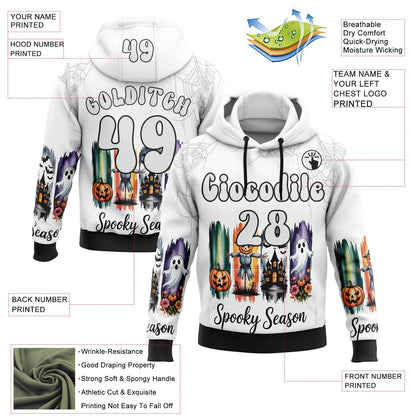 Custom White Black 3D Halloween Pumpkin Spooky Sports Pullover Sweatshirt Hoodie