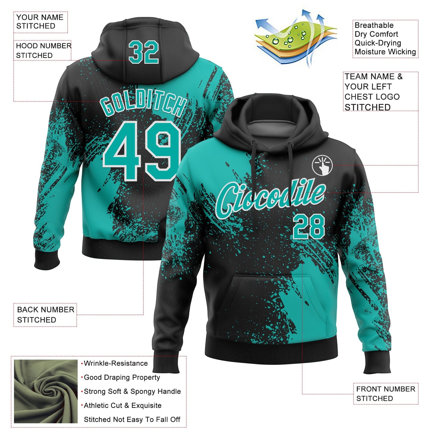 Custom Stitched Black Aqua-White 3D Pattern Design Abstract Brush Stroke Sports Pullover Sweatshirt Hoodie