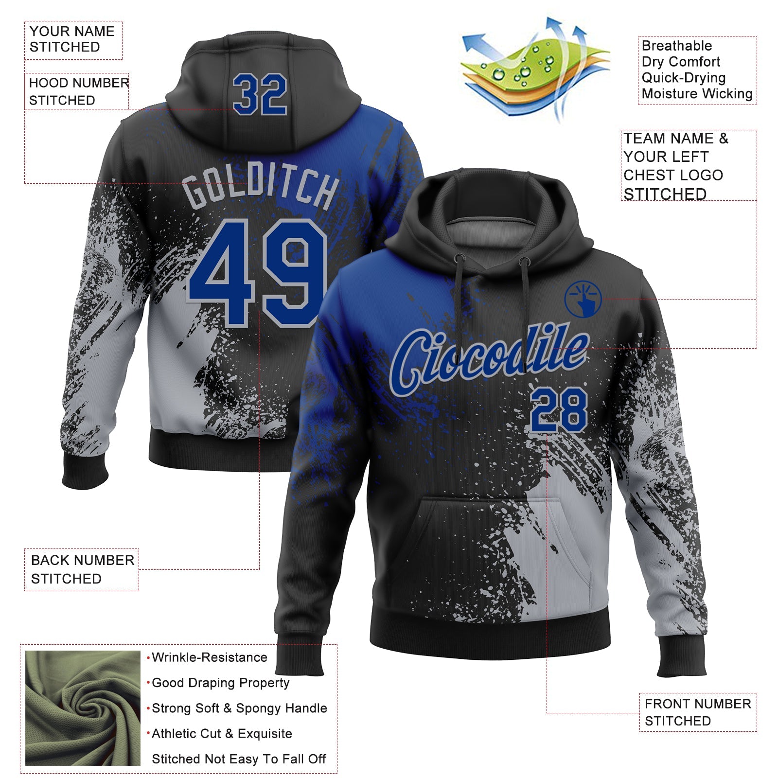 Custom Stitched Black Royal-Gray 3D Pattern Design Abstract Brush Stroke Sports Pullover Sweatshirt Hoodie