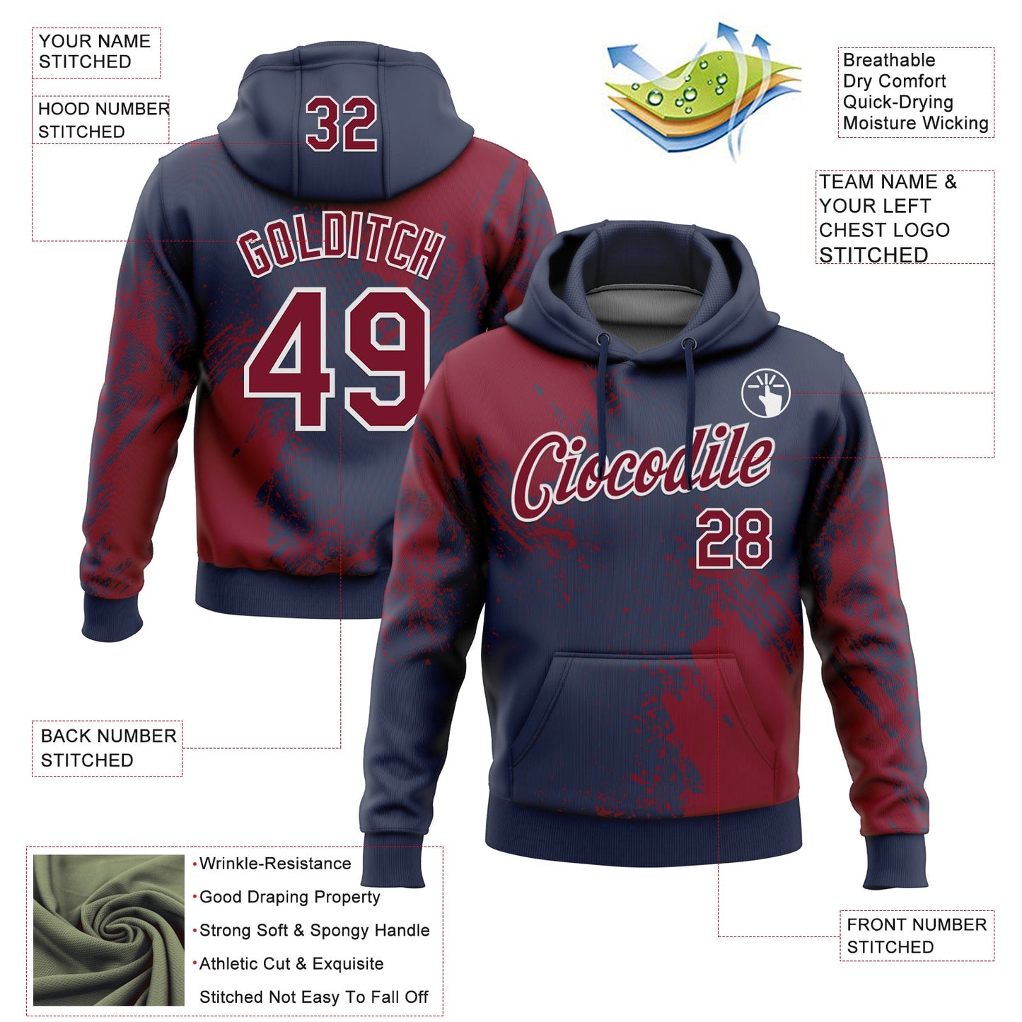 Custom Stitched Navy Crimson-White 3D Pattern Design Abstract Brush Stroke Sports Pullover Sweatshirt Hoodie