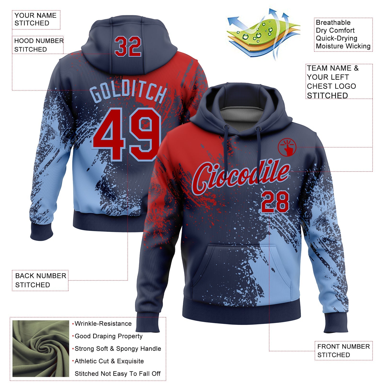 Custom Stitched Navy Red-Light Blue 3D Pattern Design Abstract Brush Stroke Sports Pullover Sweatshirt Hoodie