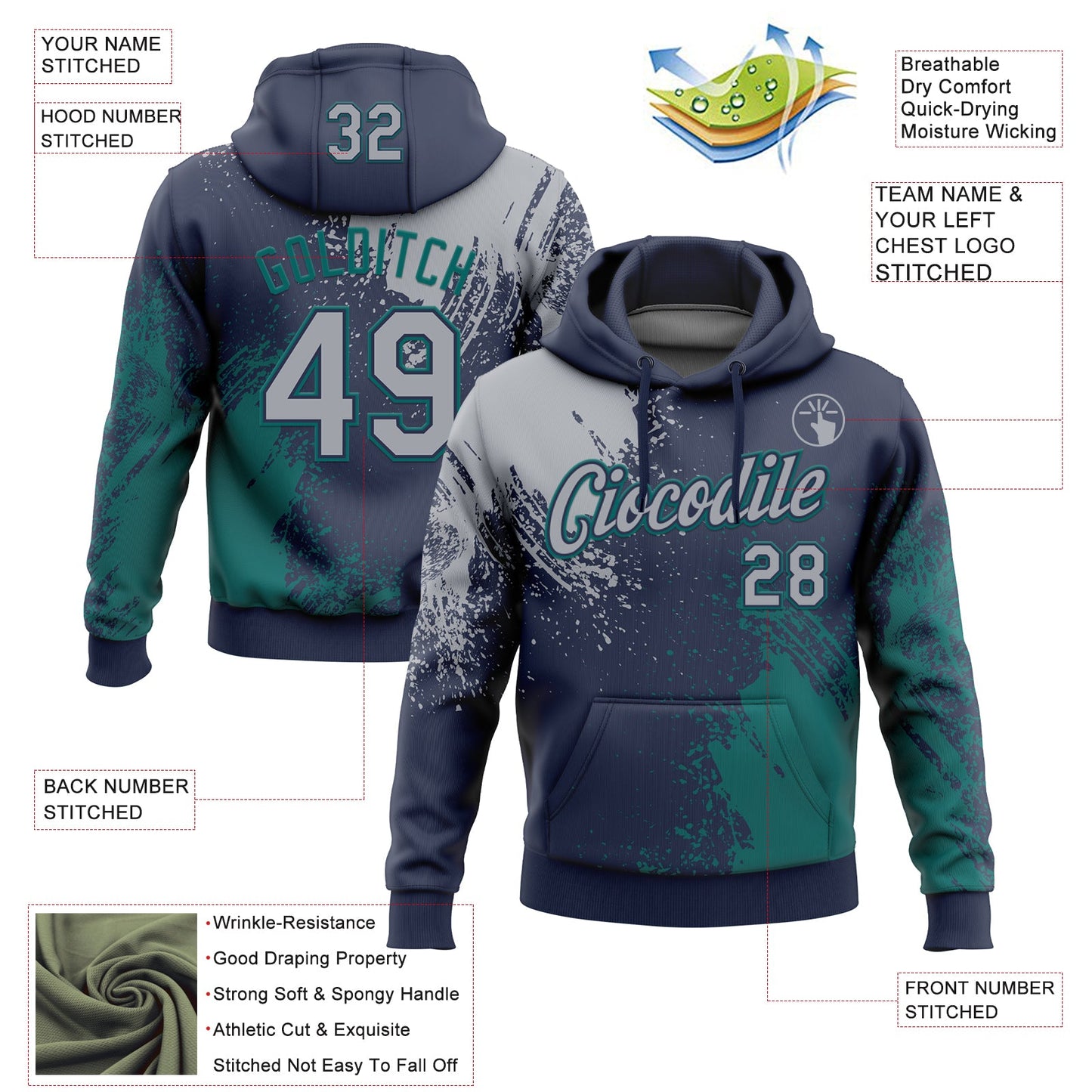 Custom Stitched Navy Gray-Teal 3D Pattern Design Abstract Brush Stroke Sports Pullover Sweatshirt Hoodie
