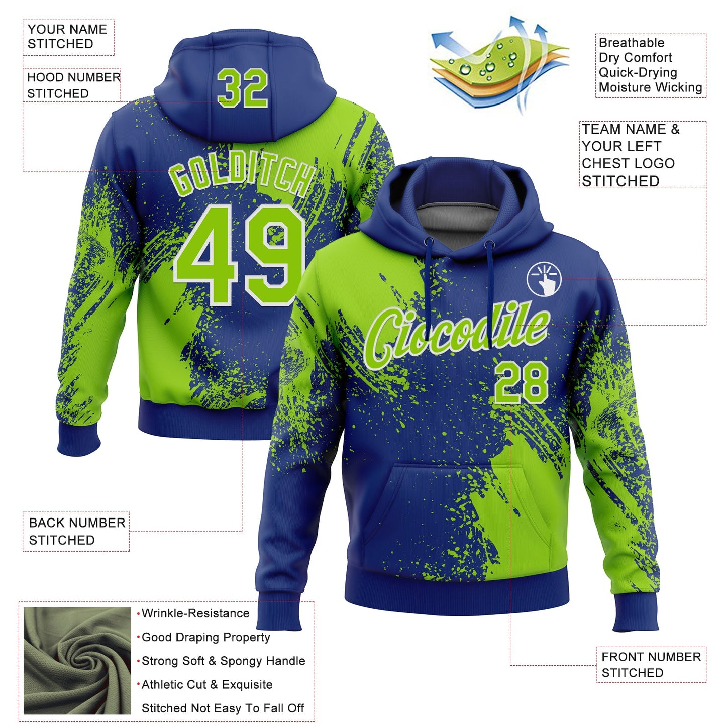 Custom Stitched Royal Neon Green-White 3D Pattern Design Abstract Brush Stroke Sports Pullover Sweatshirt Hoodie