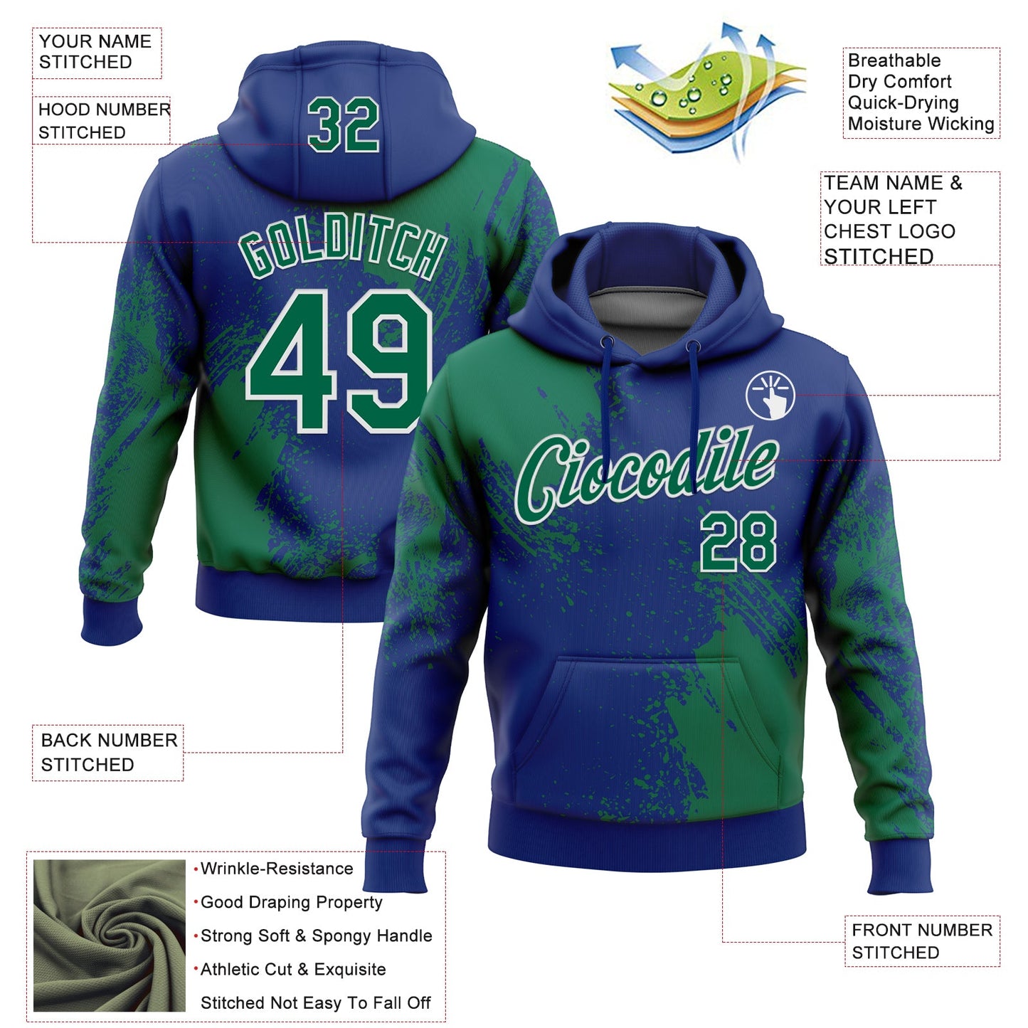 Custom Stitched Royal Kelly Green-White 3D Pattern Design Abstract Brush Stroke Sports Pullover Sweatshirt Hoodie