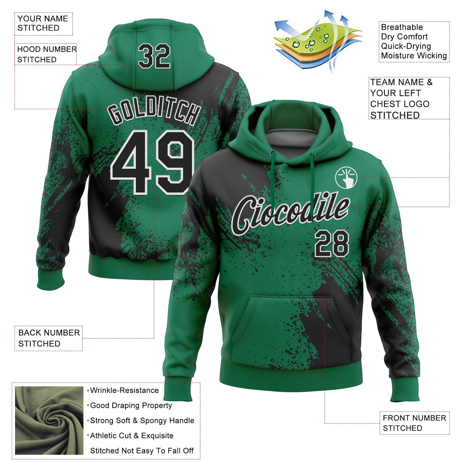 Custom Stitched Kelly Green Black-White 3D Pattern Design Abstract Brush Stroke Sports Pullover Sweatshirt Hoodie