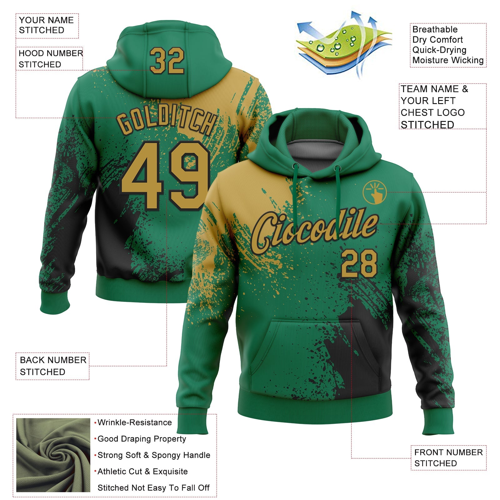 Custom Stitched Kelly Green Old Gold-Black 3D Pattern Design Abstract Brush Stroke Sports Pullover Sweatshirt Hoodie
