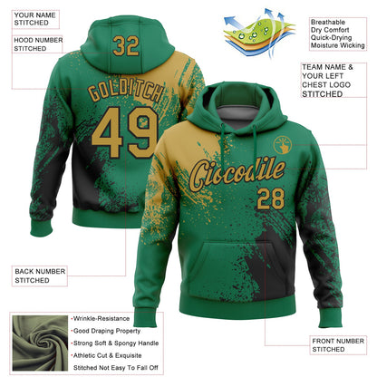 Custom Stitched Kelly Green Old Gold-Black 3D Pattern Design Abstract Brush Stroke Sports Pullover Sweatshirt Hoodie