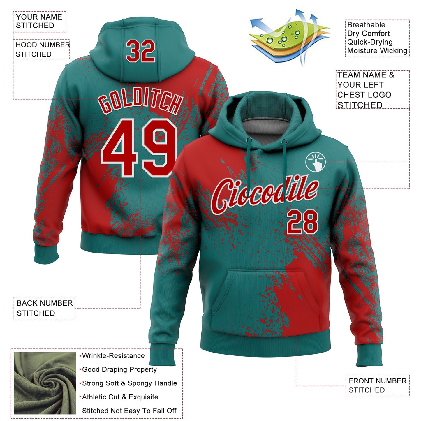 Custom Stitched Teal Red-White 3D Pattern Design Abstract Brush Stroke Sports Pullover Sweatshirt Hoodie