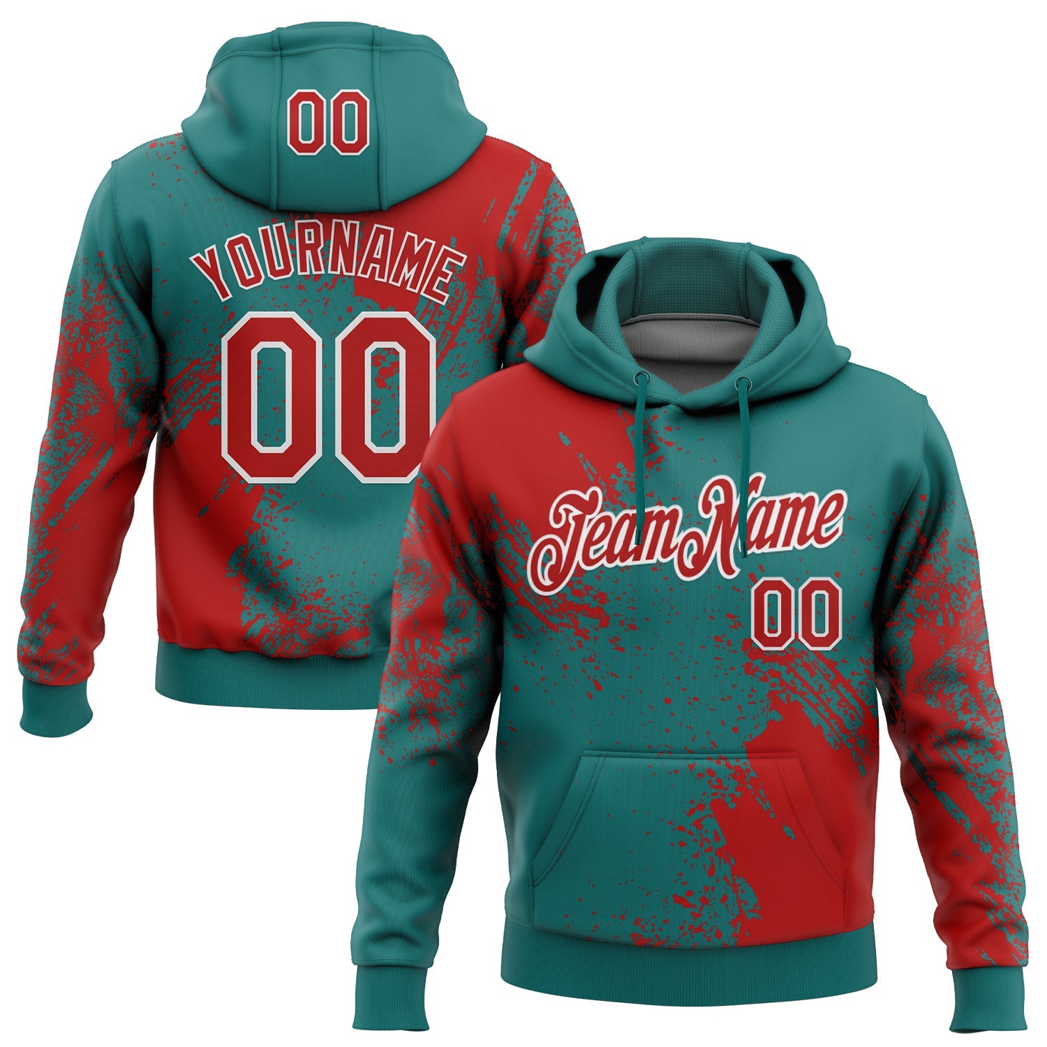 Custom Stitched Teal Red-White 3D Pattern Design Abstract Brush Stroke Sports Pullover Sweatshirt Hoodie