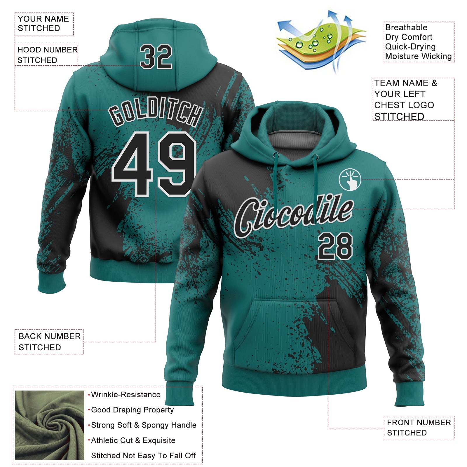 Custom Stitched Teal Black-White 3D Pattern Design Abstract Brush Stroke Sports Pullover Sweatshirt Hoodie