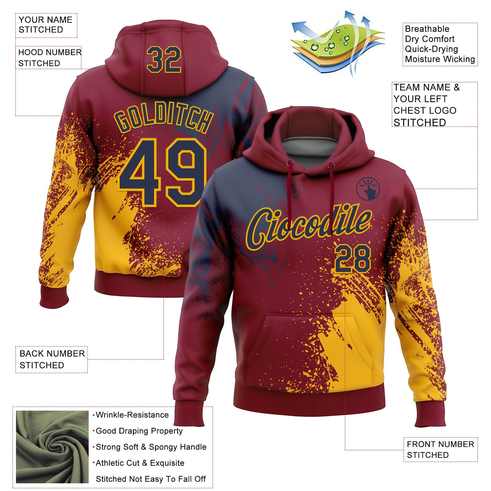 Custom Stitched Crimson Navy-Gold 3D Pattern Design Abstract Brush Stroke Sports Pullover Sweatshirt Hoodie