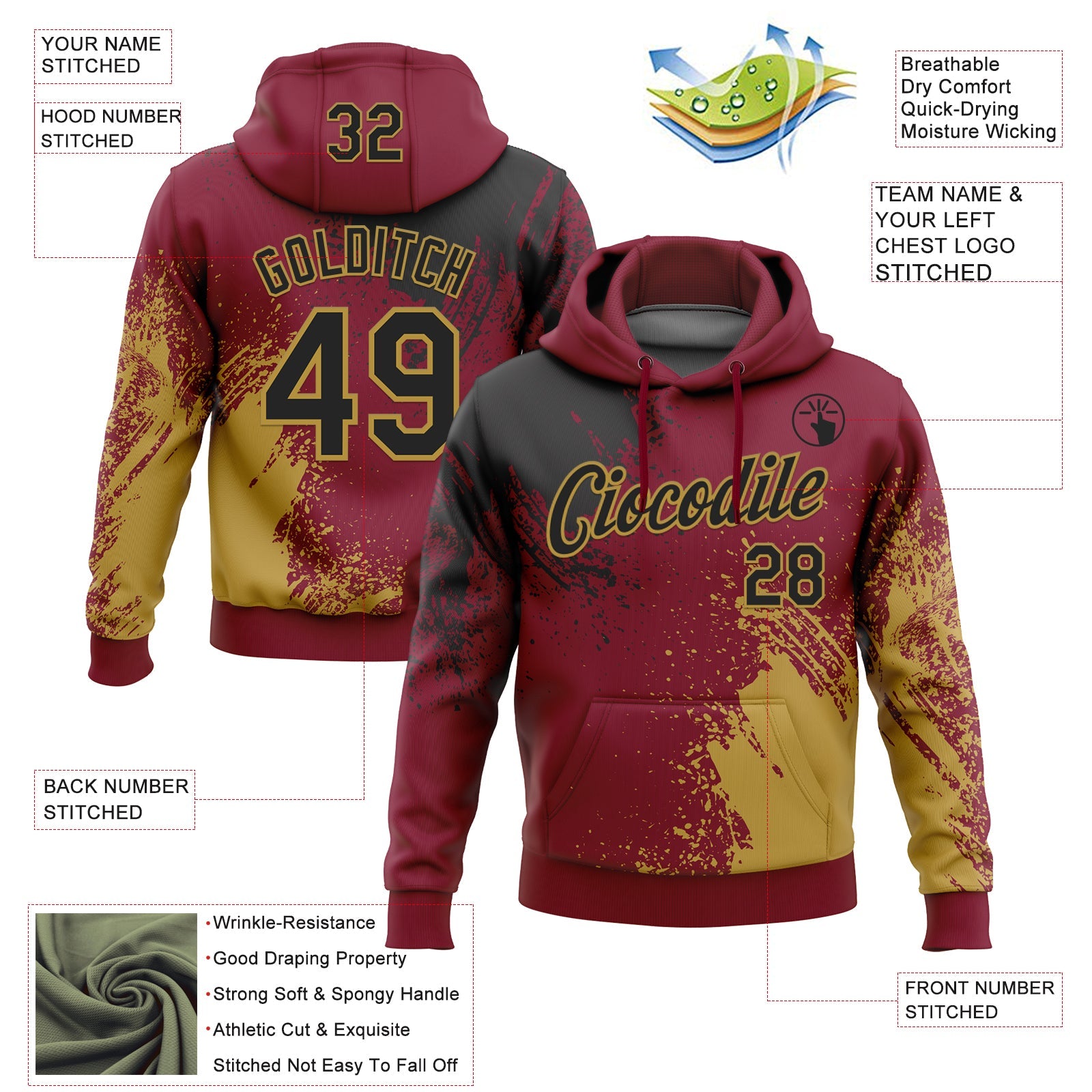 Custom Stitched Crimson Black-Old Gold 3D Pattern Design Abstract Brush Stroke Sports Pullover Sweatshirt Hoodie