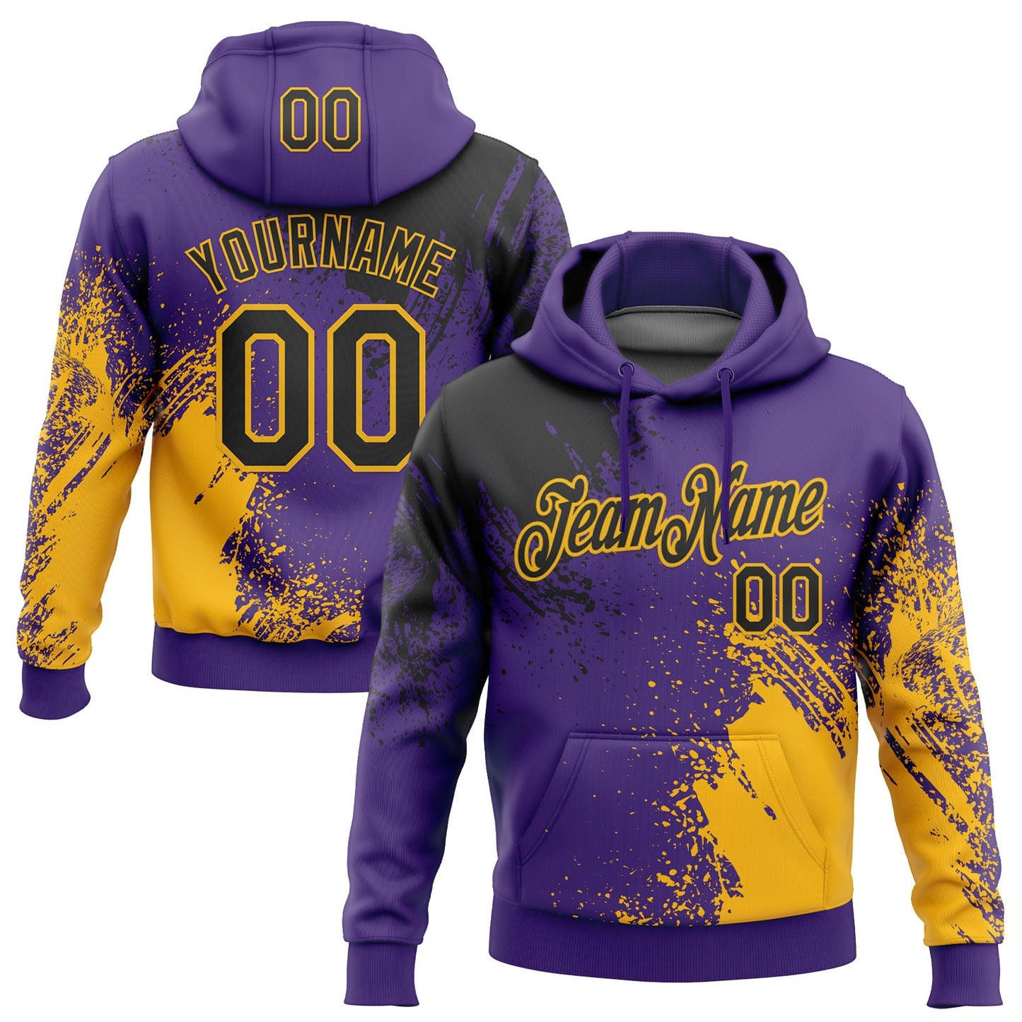 Custom Stitched Purple Black-Gold 3D Pattern Design Abstract Brush Stroke Sports Pullover Sweatshirt Hoodie