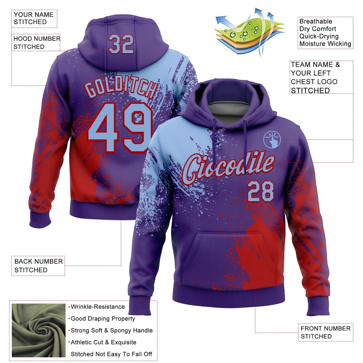 Custom Stitched Purple Light Blue-Red 3D Pattern Design Abstract Brush Stroke Sports Pullover Sweatshirt Hoodie