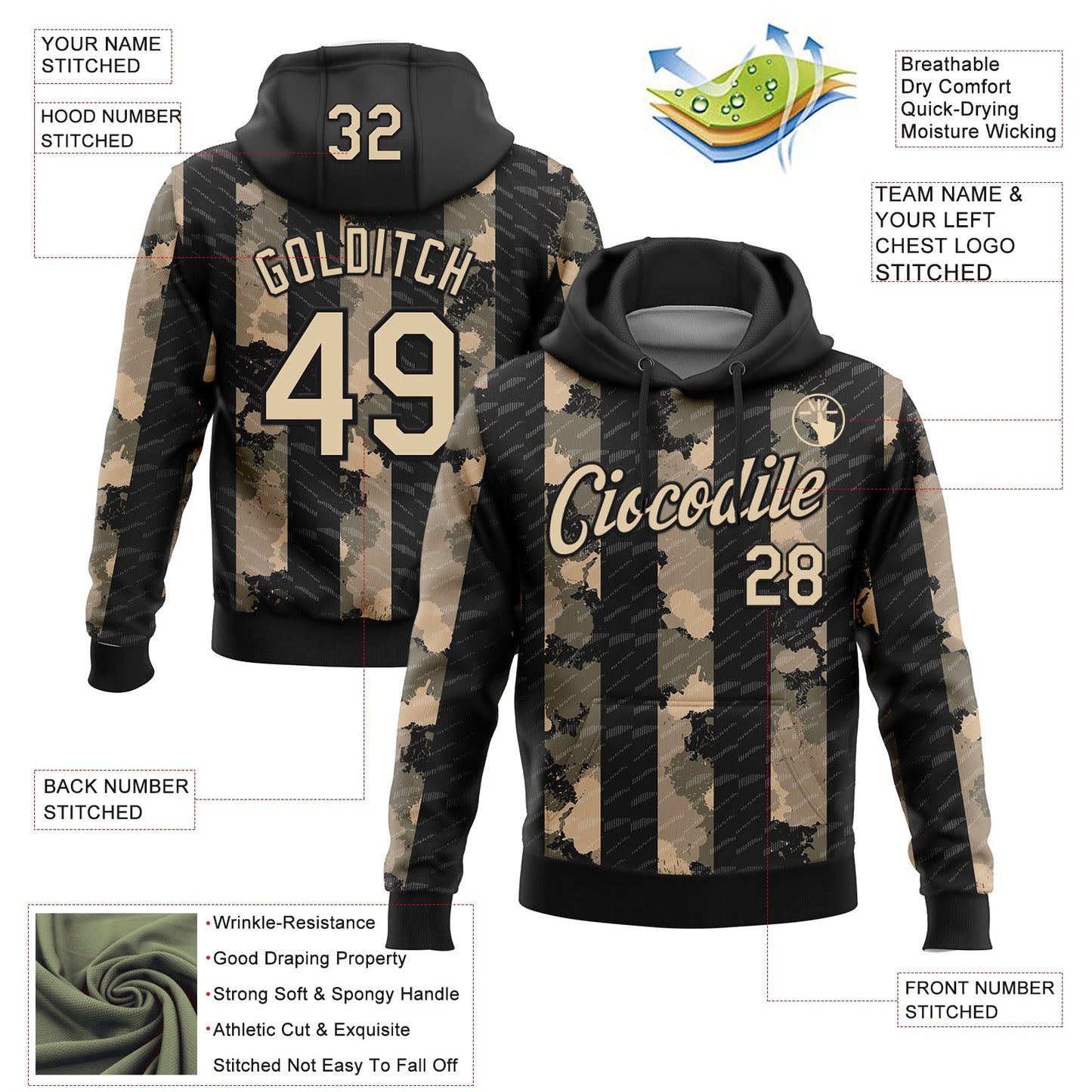 Custom Stitched Black City Cream 3D Pattern Design Line Sports Pullover Sweatshirt Hoodie