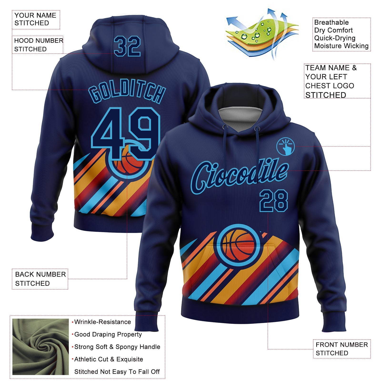 Custom Stitched Navy Orange-Sky Blue 3D Pattern Design Ball Sports Pullover Sweatshirt Hoodie