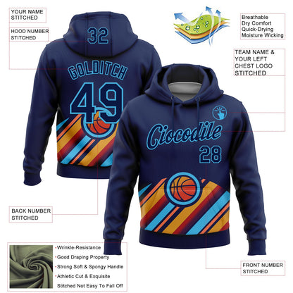 Custom Stitched Navy Orange-Sky Blue 3D Pattern Design Ball Sports Pullover Sweatshirt Hoodie