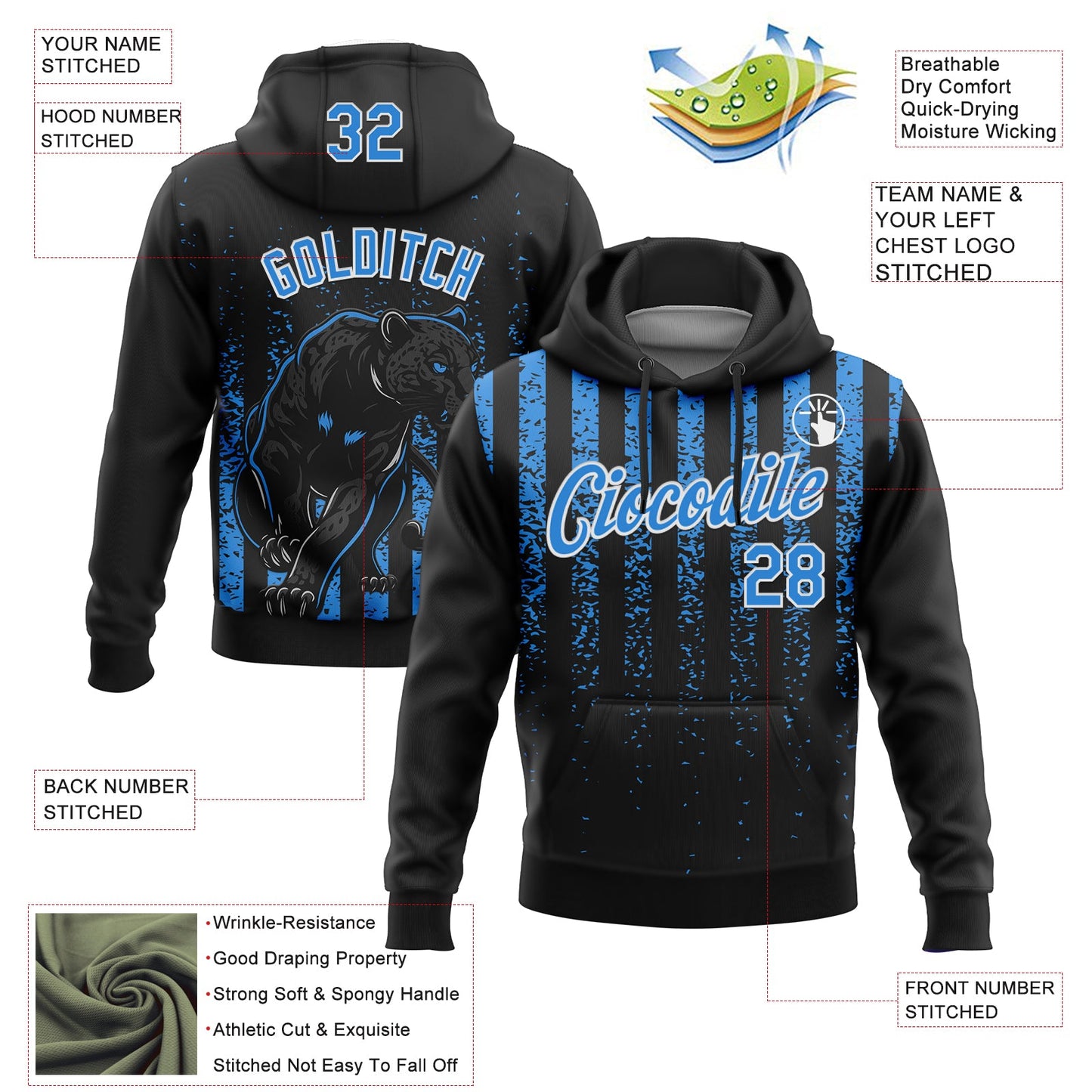 Custom Stitched Black Powder Blue-White 3D Pattern Design Animal Leopard Grunge Art Sports Pullover Sweatshirt Hoodie